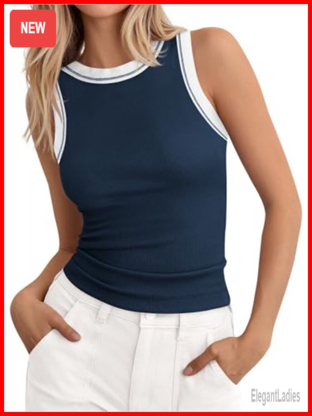 Ribbed Sleeveless High Neck Tank Top Slim Fitted Racerback